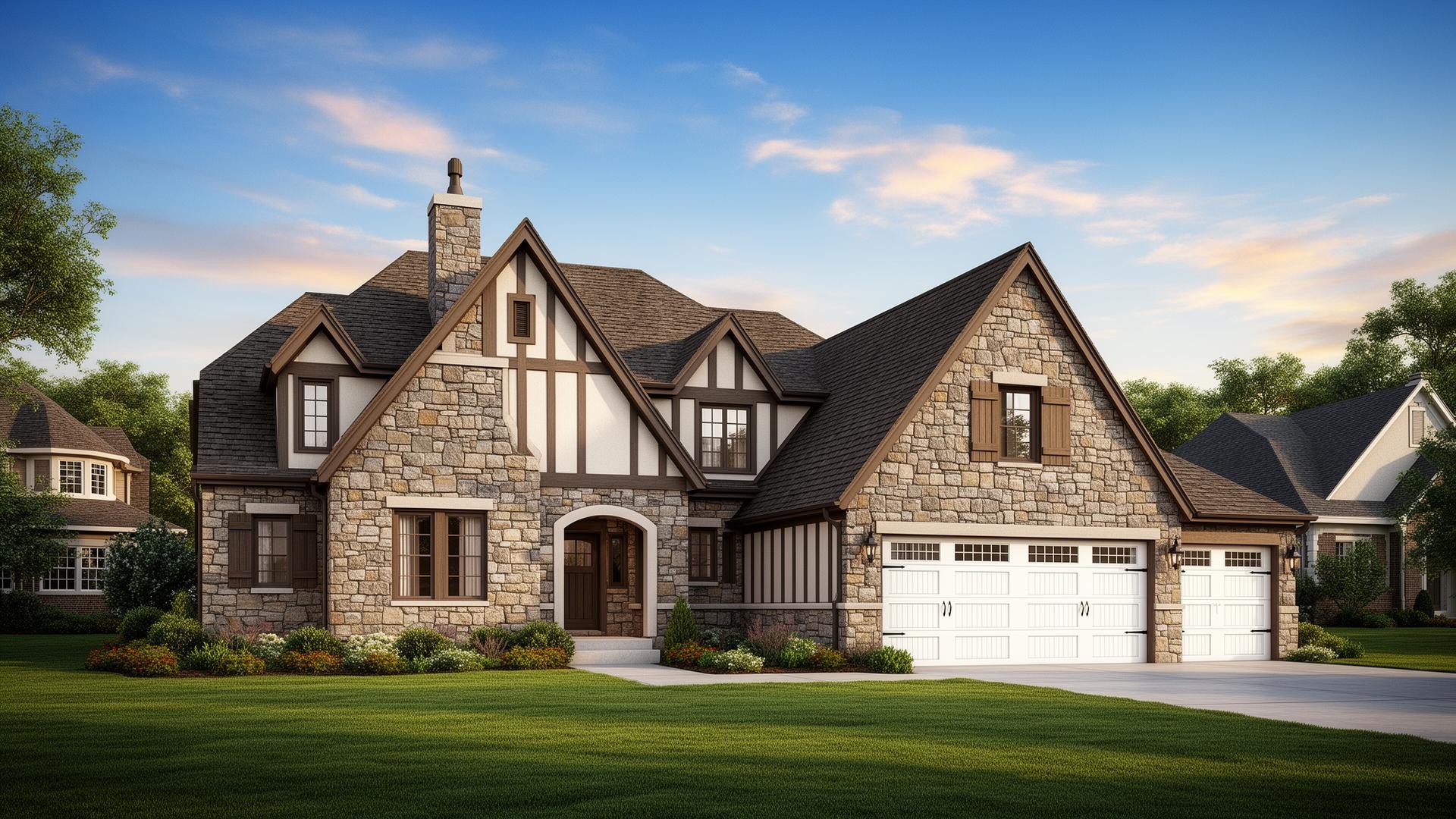 Professional white raised panel garage doors on beautiful Tudor style home in Vandemere NC
