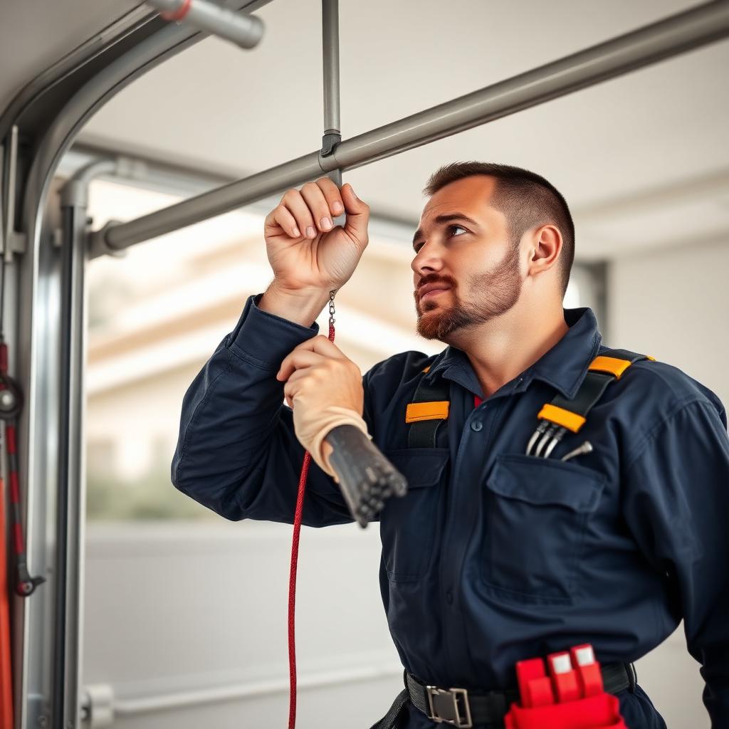 Expert garage door repair technician fixing spring mechanism